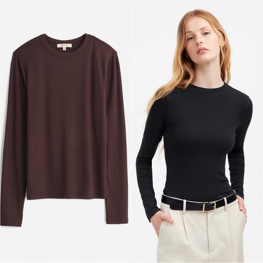 NWT Madewell Drapey Rib Long-Sleeve Tee Brown XS Tape Residue Needs Wash
